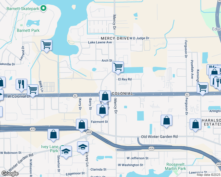 map of restaurants, bars, coffee shops, grocery stores, and more near 800 Mercy Drive in Orlando