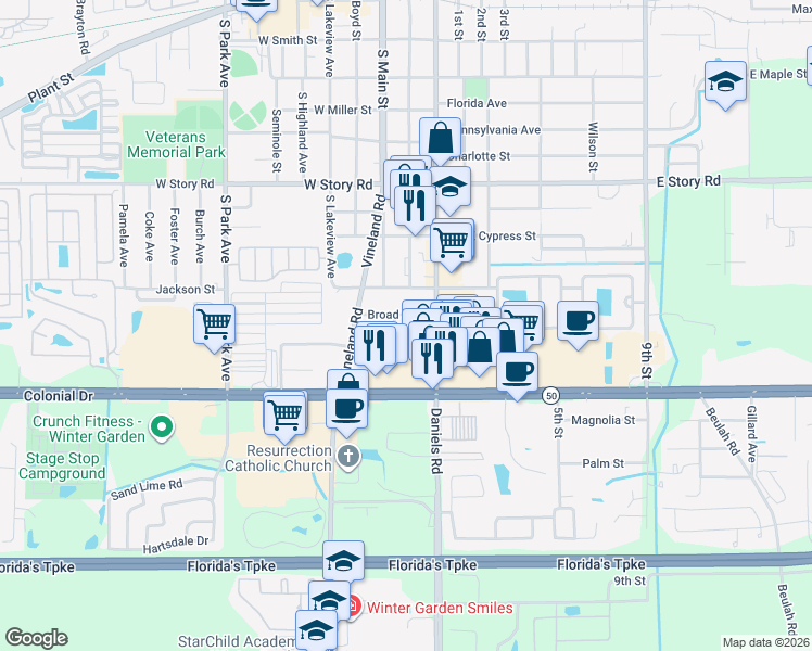 map of restaurants, bars, coffee shops, grocery stores, and more near 51 Broad Street in Winter Garden