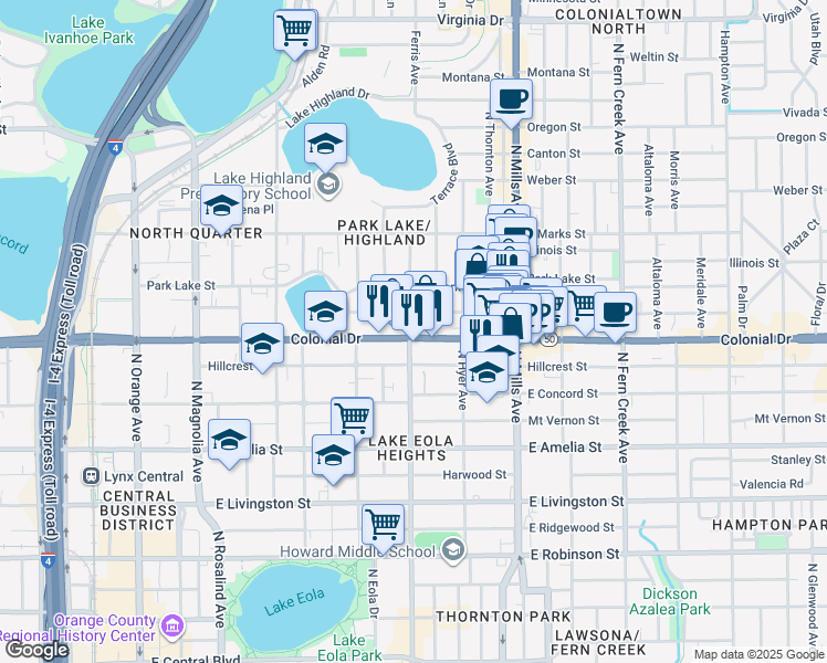 map of restaurants, bars, coffee shops, grocery stores, and more near 649 Woodward Street in Orlando