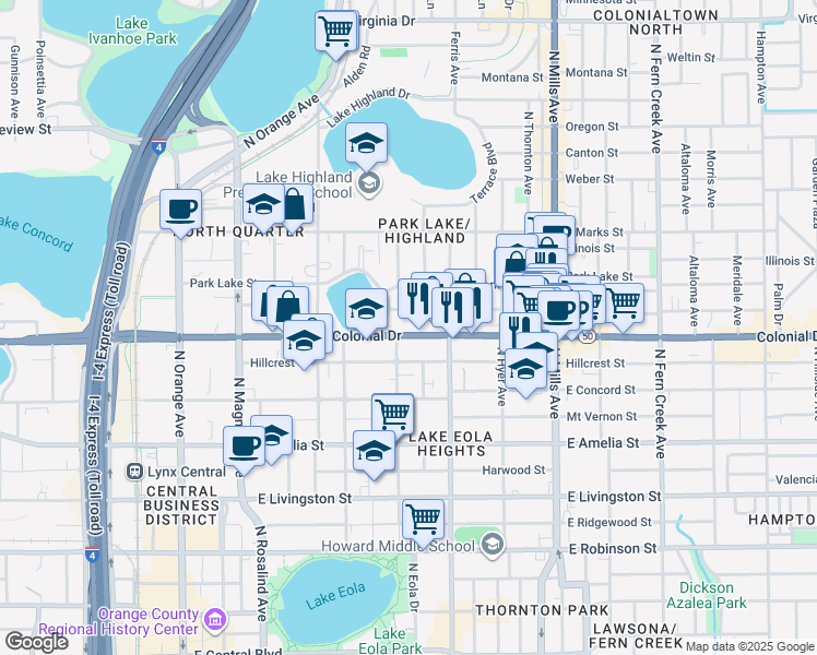 map of restaurants, bars, coffee shops, grocery stores, and more near 719 Park Lake Circle in Orlando