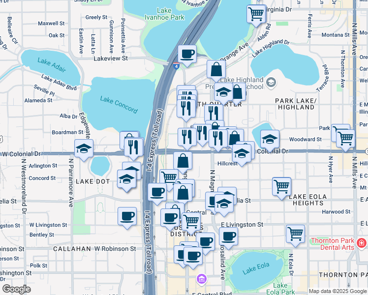 map of restaurants, bars, coffee shops, grocery stores, and more near 750 North Orange Avenue in Orlando