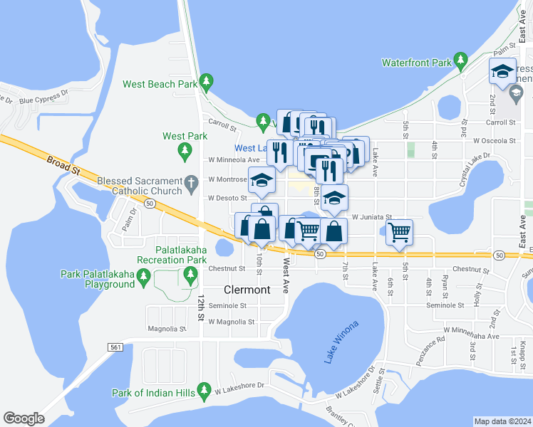 map of restaurants, bars, coffee shops, grocery stores, and more near 972 West Juniata Street in Clermont