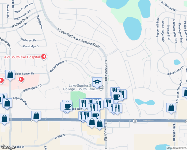map of restaurants, bars, coffee shops, grocery stores, and more near 1014 Princeton Drive in Clermont