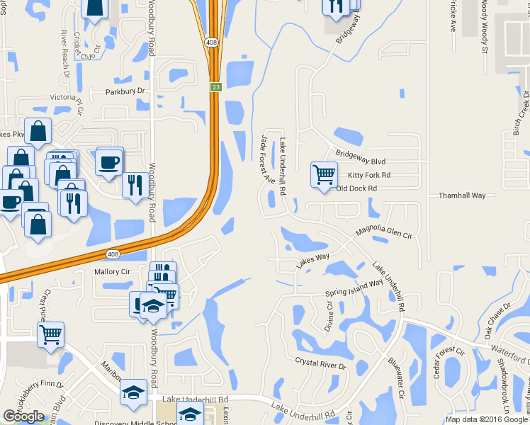 map of restaurants, bars, coffee shops, grocery stores, and more near 833 Jadestone Circle in Orlando