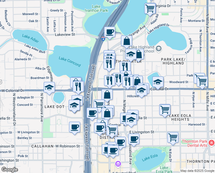 map of restaurants, bars, coffee shops, grocery stores, and more near 750 North Orange Avenue in Orlando