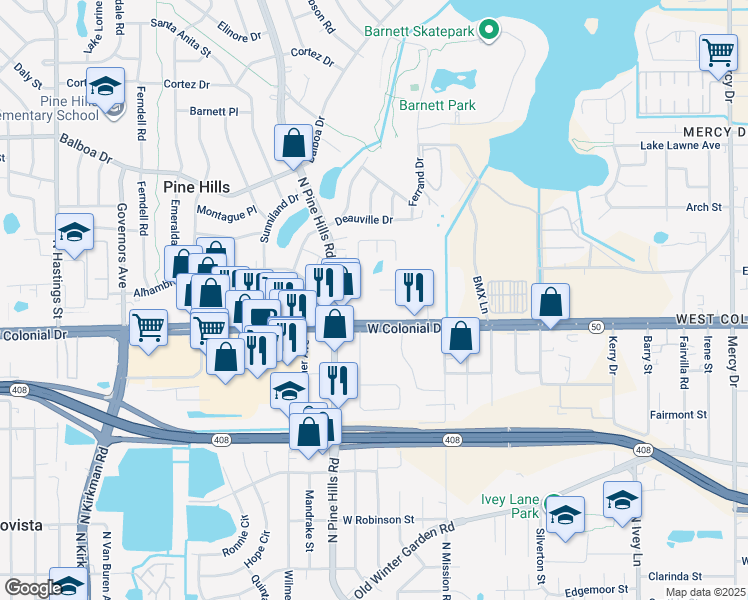 map of restaurants, bars, coffee shops, grocery stores, and more near 4911 La Grange Avenue in Orlando