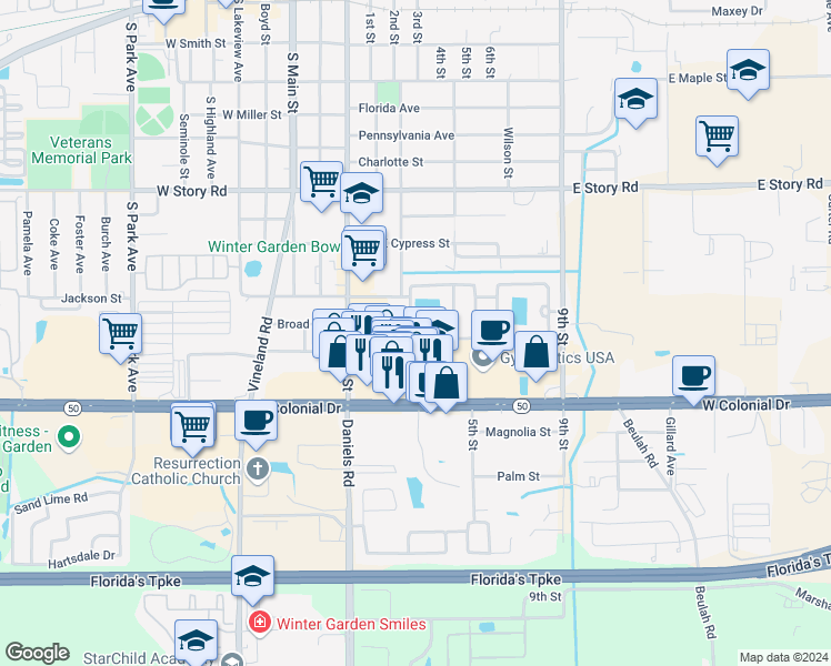 map of restaurants, bars, coffee shops, grocery stores, and more near 343 Grand Royal Circle in Winter Garden