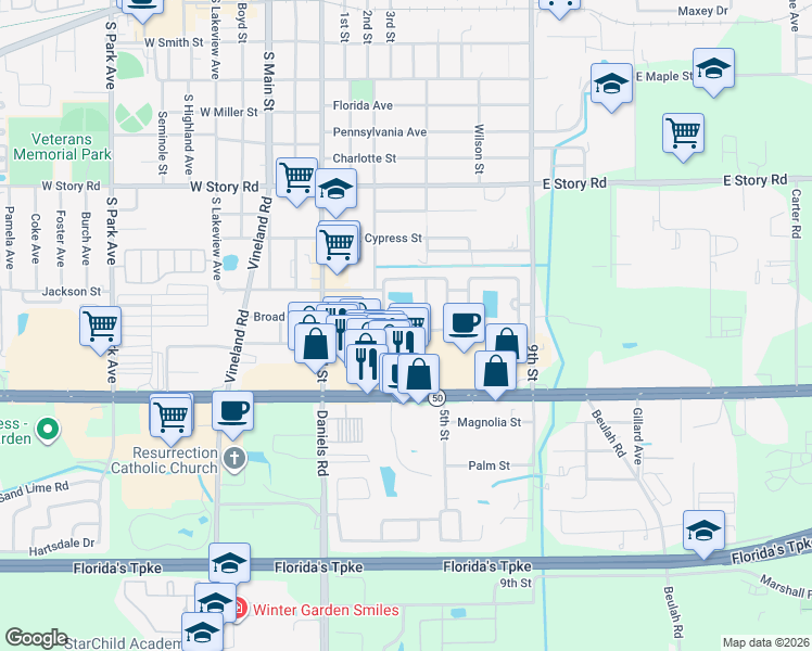 map of restaurants, bars, coffee shops, grocery stores, and more near 421 Grand Royal Circle in Winter Garden