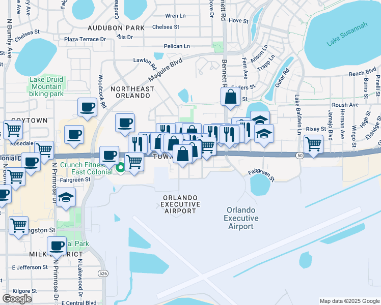 map of restaurants, bars, coffee shops, grocery stores, and more near 3915 East Colonial Drive in Orlando
