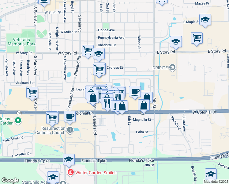 map of restaurants, bars, coffee shops, grocery stores, and more near 337 Grand Royal Circle in Winter Garden