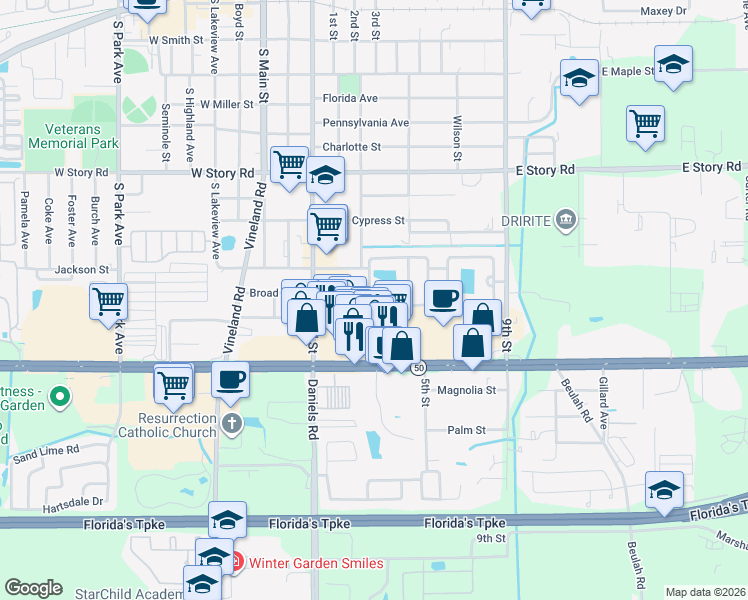 map of restaurants, bars, coffee shops, grocery stores, and more near 343 Grand Royal Circle in Winter Garden