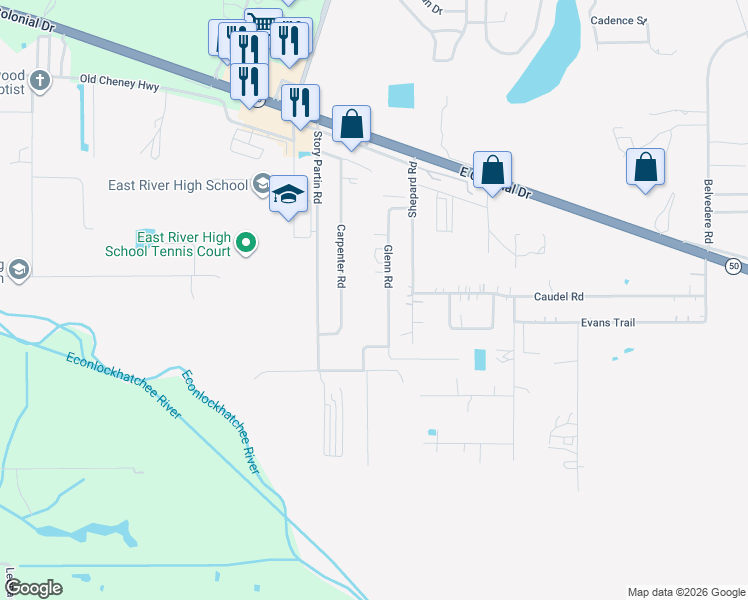 map of restaurants, bars, coffee shops, grocery stores, and more near 442 Glenn Road in Orlando