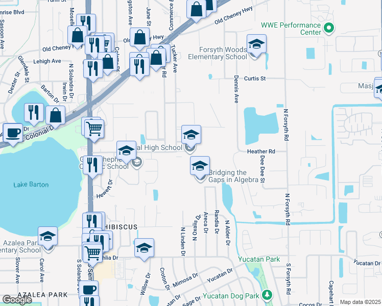 map of restaurants, bars, coffee shops, grocery stores, and more near 6100 Oleander Drive in Orlando