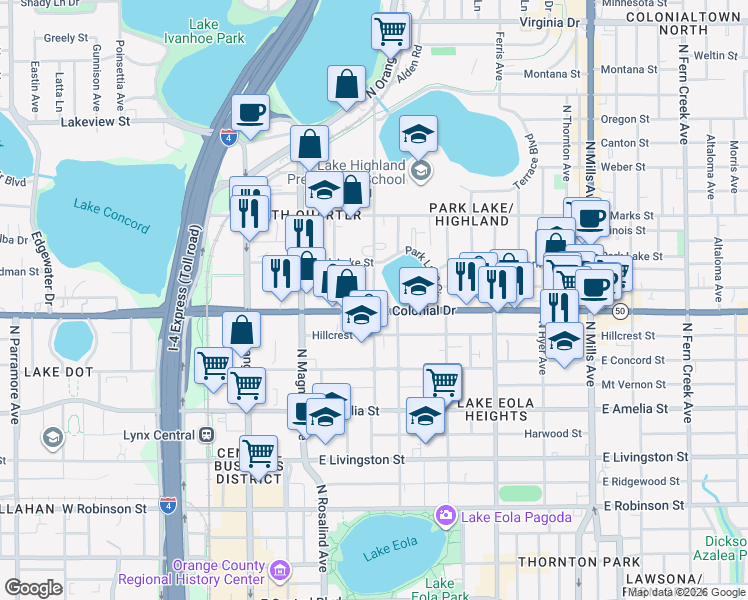 map of restaurants, bars, coffee shops, grocery stores, and more near 723 Highland Avenue in Orlando