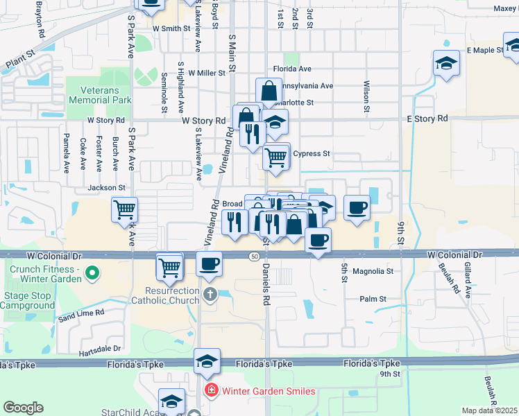 map of restaurants, bars, coffee shops, grocery stores, and more near 886 South Dillard Street in Winter Garden