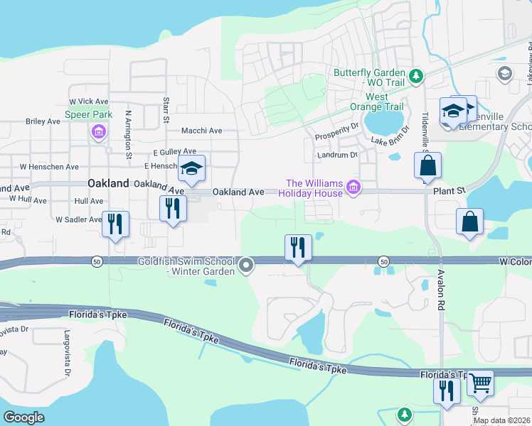 map of restaurants, bars, coffee shops, grocery stores, and more near 15728 Oakland Avenue in Oakland