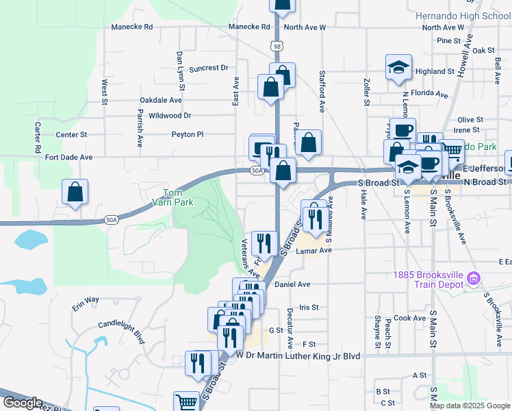 map of restaurants, bars, coffee shops, grocery stores, and more near 725 Desoto Avenue in Brooksville