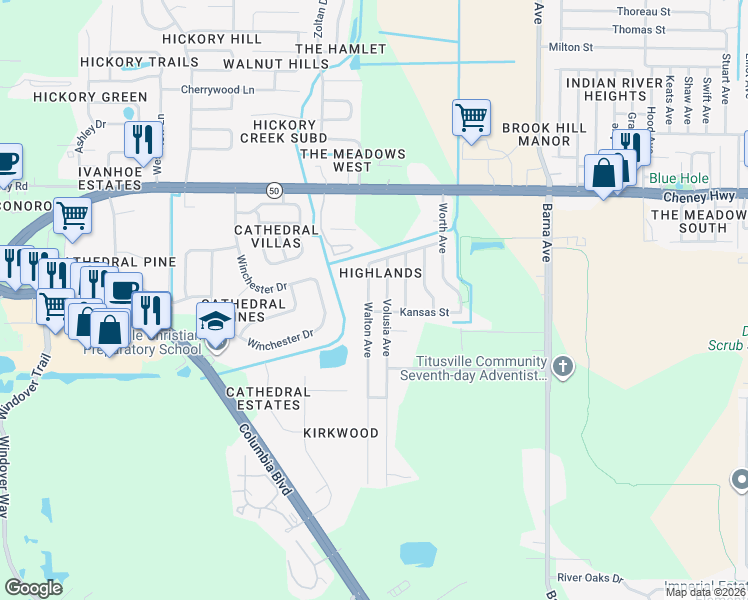 map of restaurants, bars, coffee shops, grocery stores, and more near 4865 Walton Avenue in Titusville
