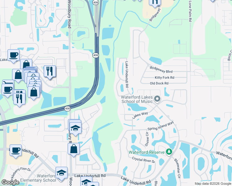 map of restaurants, bars, coffee shops, grocery stores, and more near 914 Jadestone Circle in Orlando