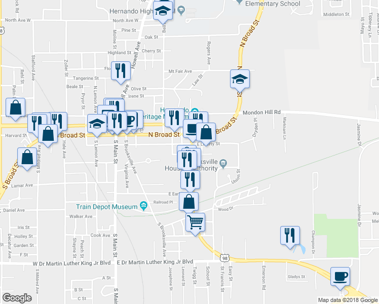 map of restaurants, bars, coffee shops, grocery stores, and more near 770 E Jefferson St in Brooksville