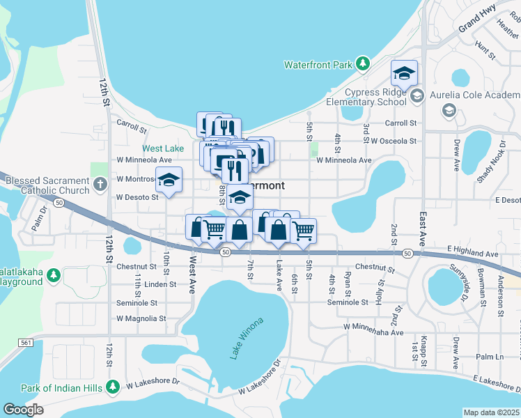 map of restaurants, bars, coffee shops, grocery stores, and more near 825 7th Street in Clermont