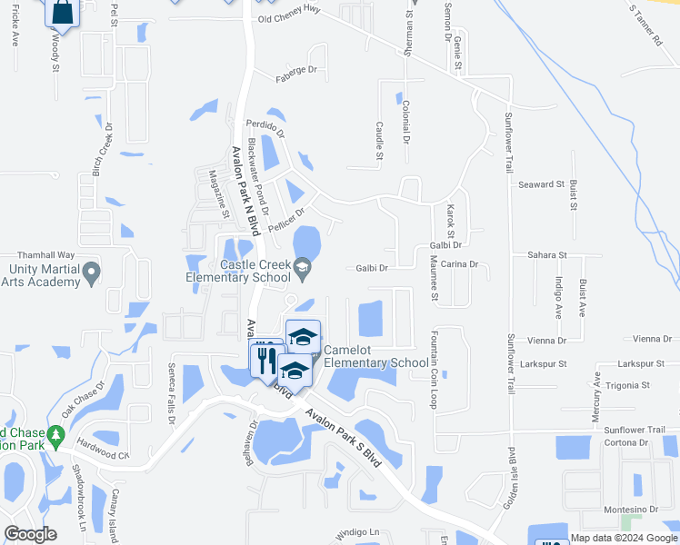 map of restaurants, bars, coffee shops, grocery stores, and more near 15208 Galbi Drive in Orlando