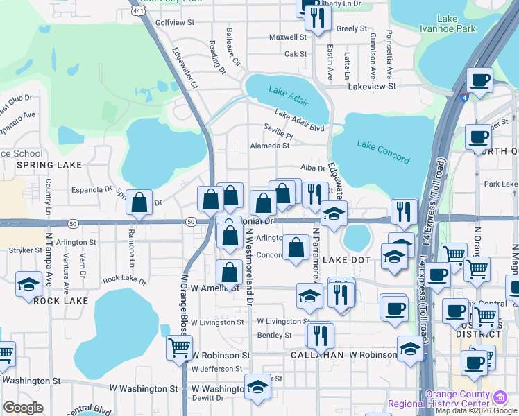map of restaurants, bars, coffee shops, grocery stores, and more near 731 North Westmoreland Drive in Orlando