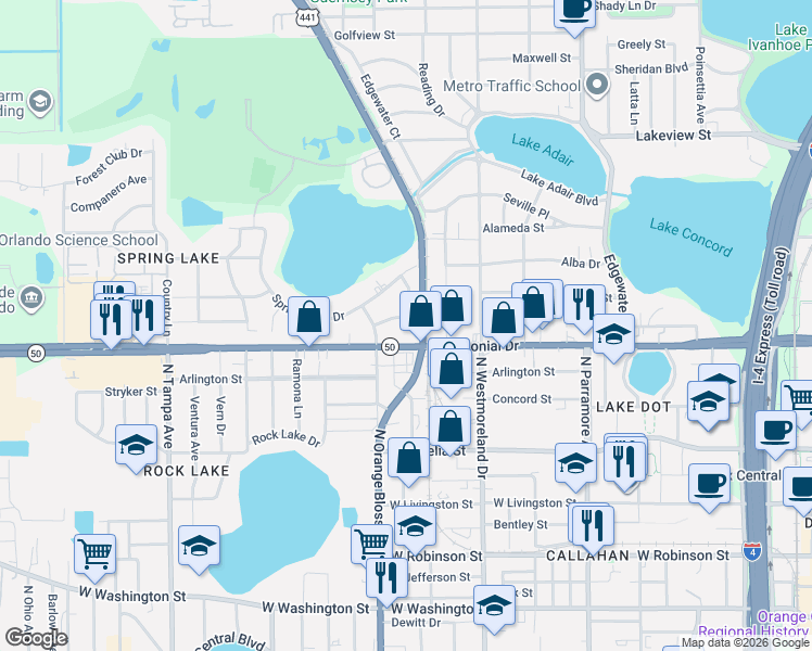 map of restaurants, bars, coffee shops, grocery stores, and more near 725 Clifford Drive in Orlando
