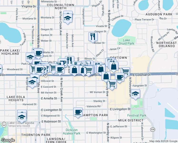 map of restaurants, bars, coffee shops, grocery stores, and more near 719 Palm Drive in Orlando