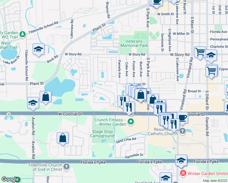 map of restaurants, bars, coffee shops, grocery stores, and more near 970 Hyde Park Circle in Winter Garden
