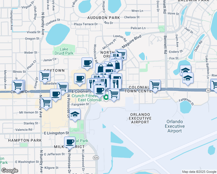 map of restaurants, bars, coffee shops, grocery stores, and more near 3279 East Colonial Drive in Orlando