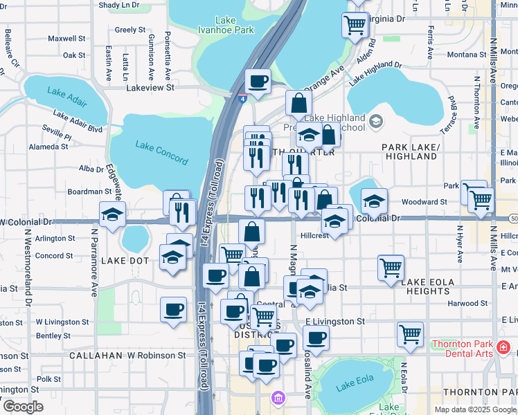 map of restaurants, bars, coffee shops, grocery stores, and more near 777 North Orange Avenue in Orlando