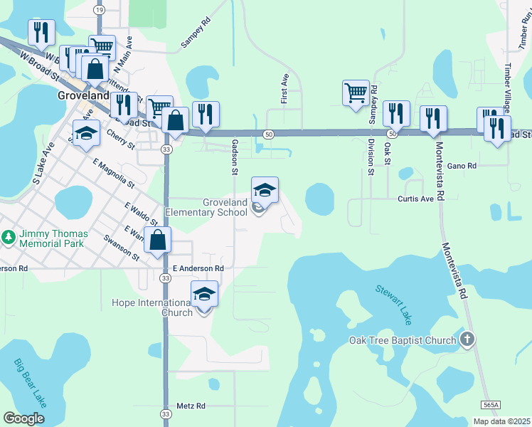 map of restaurants, bars, coffee shops, grocery stores, and more near 930 Parkwood Street in Groveland