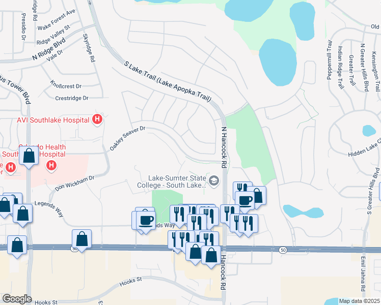 map of restaurants, bars, coffee shops, grocery stores, and more near 1023 Princeton Drive in Clermont