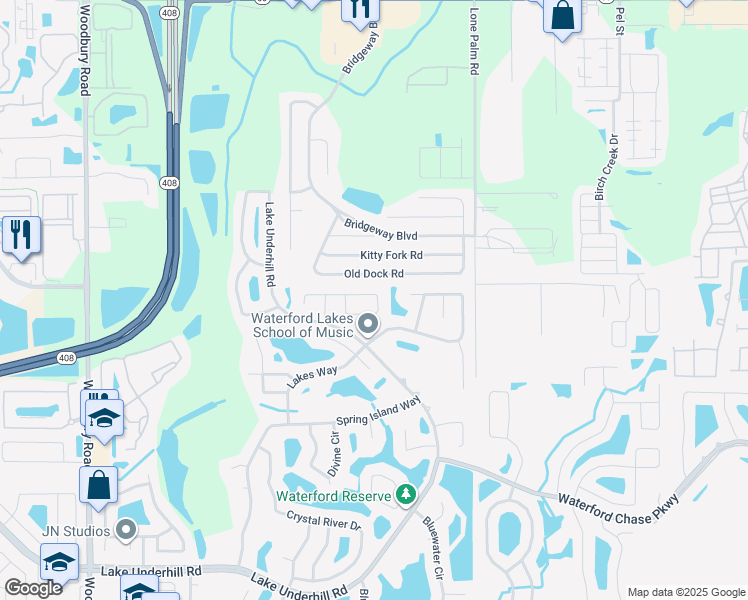 map of restaurants, bars, coffee shops, grocery stores, and more near 13650 Sunshowers Circle in Orlando