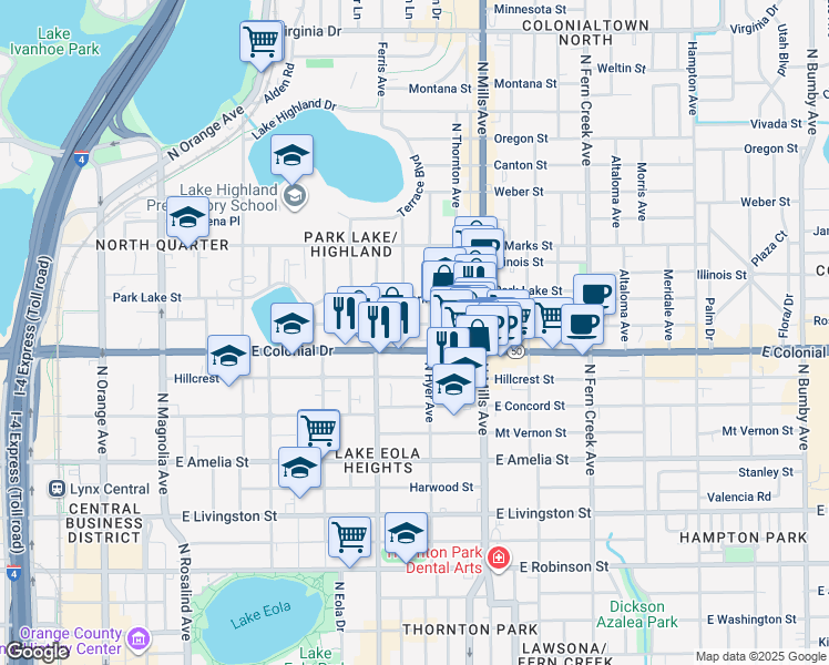 map of restaurants, bars, coffee shops, grocery stores, and more near 802 Woodward Street in Orlando