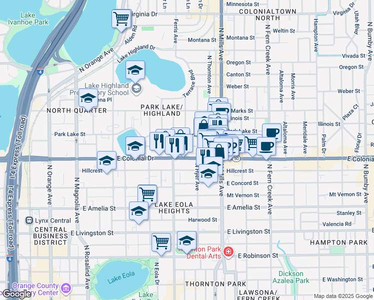 map of restaurants, bars, coffee shops, grocery stores, and more near 802 Woodward Street in Orlando