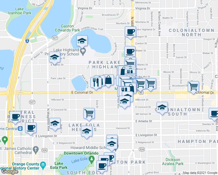 map of restaurants, bars, coffee shops, grocery stores, and more near 802 Woodward Street in Orlando