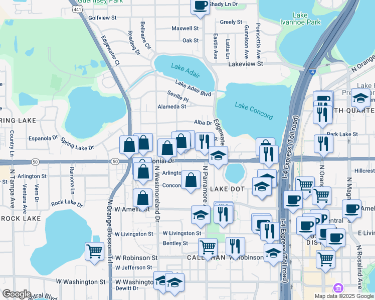 map of restaurants, bars, coffee shops, grocery stores, and more near 728 Seminole Avenue in Orlando
