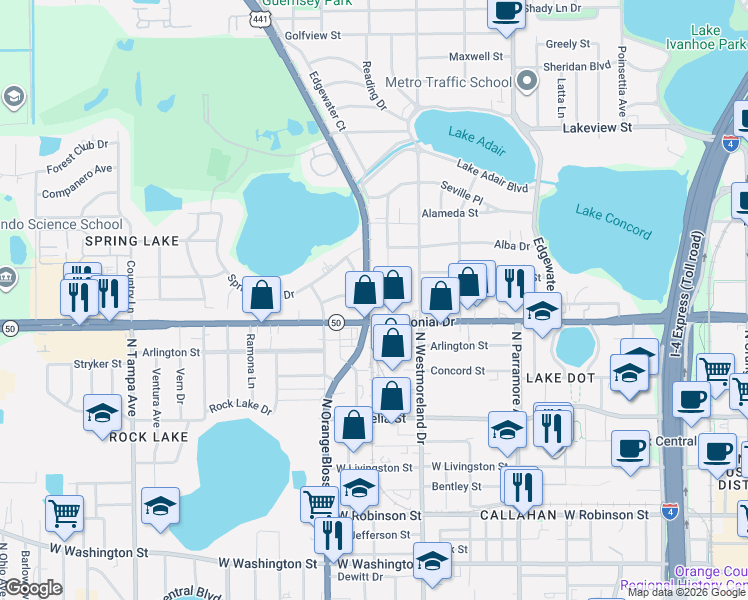 map of restaurants, bars, coffee shops, grocery stores, and more near 725 Clifford Drive in Orlando