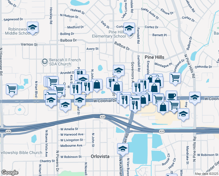 map of restaurants, bars, coffee shops, grocery stores, and more near 5856 Berry Street in Orlando
