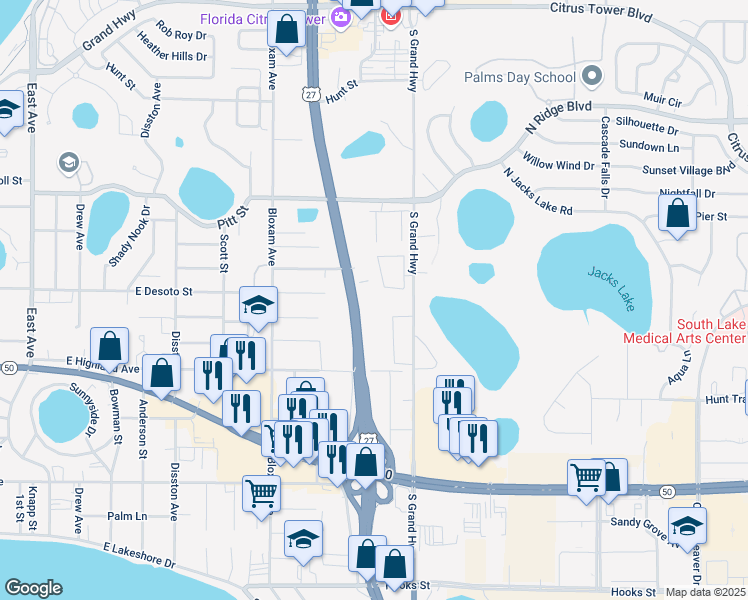 map of restaurants, bars, coffee shops, grocery stores, and more near 728 South Grand Highway in Clermont