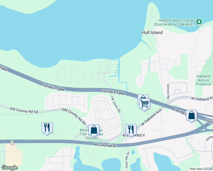 map of restaurants, bars, coffee shops, grocery stores, and more near 600 J W Jones Rd in Winter Garden