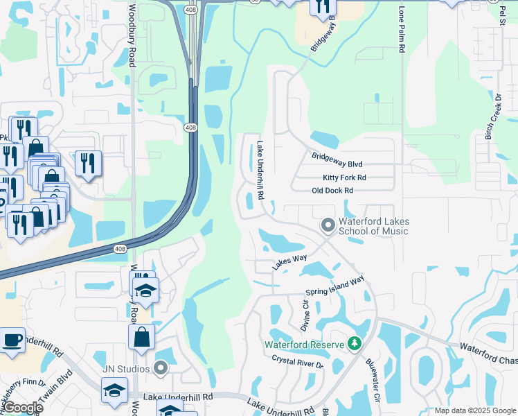 map of restaurants, bars, coffee shops, grocery stores, and more near 14313 Lake Underhill Road in Orlando