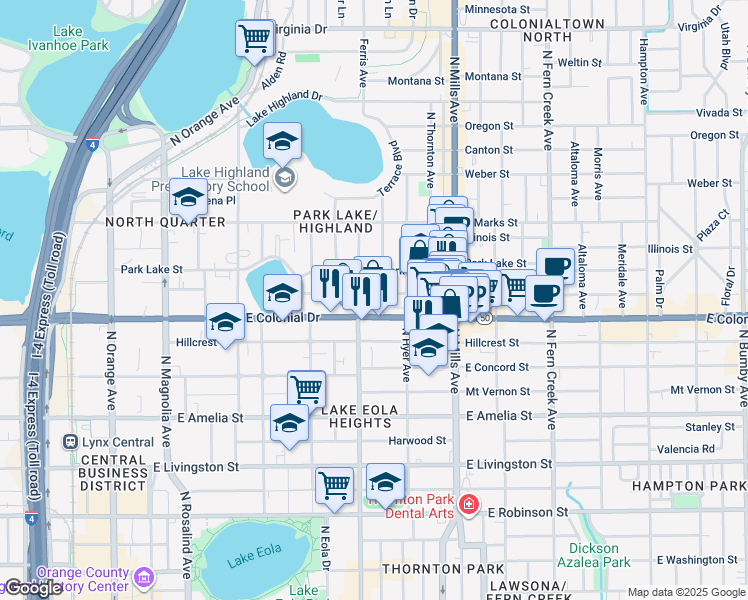 map of restaurants, bars, coffee shops, grocery stores, and more near 802 Woodward Street in Orlando