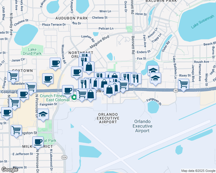 map of restaurants, bars, coffee shops, grocery stores, and more near 3807 East Colonial Drive in Orlando