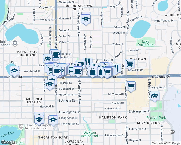 map of restaurants, bars, coffee shops, grocery stores, and more near 1814 Woodward Street in Orlando