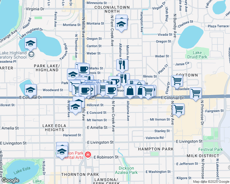 map of restaurants, bars, coffee shops, grocery stores, and more near 715 North Fern Creek Avenue in Orlando