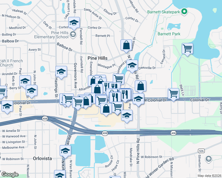 map of restaurants, bars, coffee shops, grocery stores, and more near 5221 West Colonial Drive in Orlando
