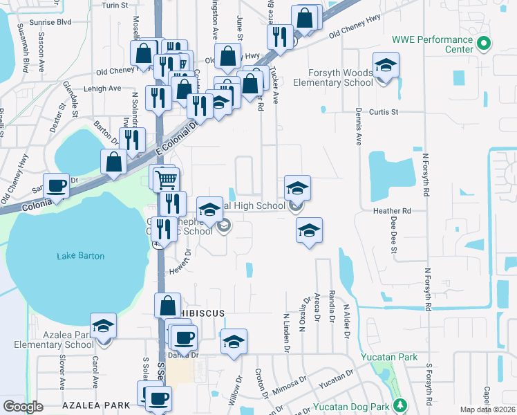 map of restaurants, bars, coffee shops, grocery stores, and more near 6043 Oleander Drive in Orlando